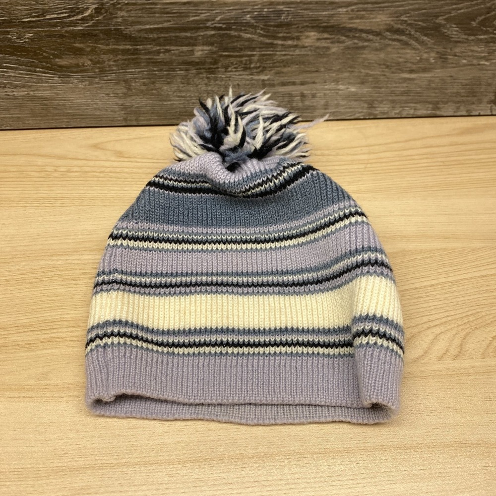 Vintage‎ Mei San Francisco Hat Cap Beanie Blue Purple Striped 100% Wool Pom Pom
